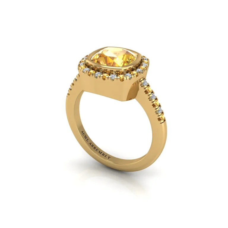 Starry Halo Solitaire Ring Yellow Sapphire Cushion Cut Yellow Gold AUWL Assembly 768x768